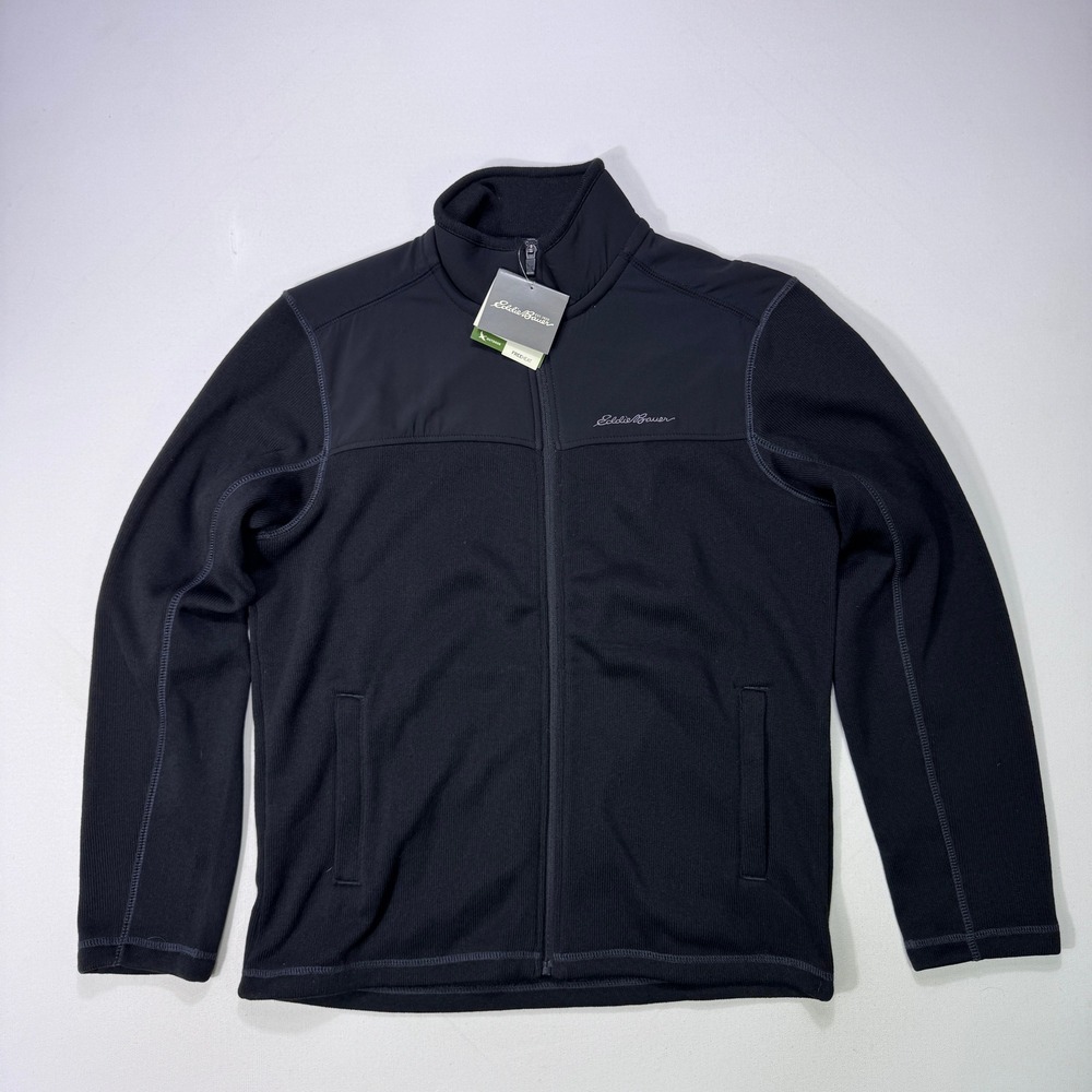 Eddie Bauer FreeHeat Mens Medium Black Full Zip Fleece Jacket Outdoor Hiking NWT